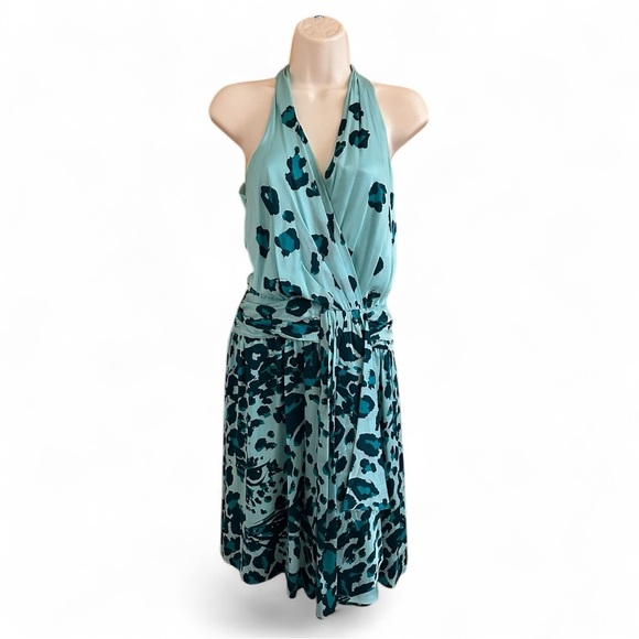 Diane Von Furstenberg Silk Aqua Blue and Black Leopard Print Patterned Dress - Picture 1 of 9